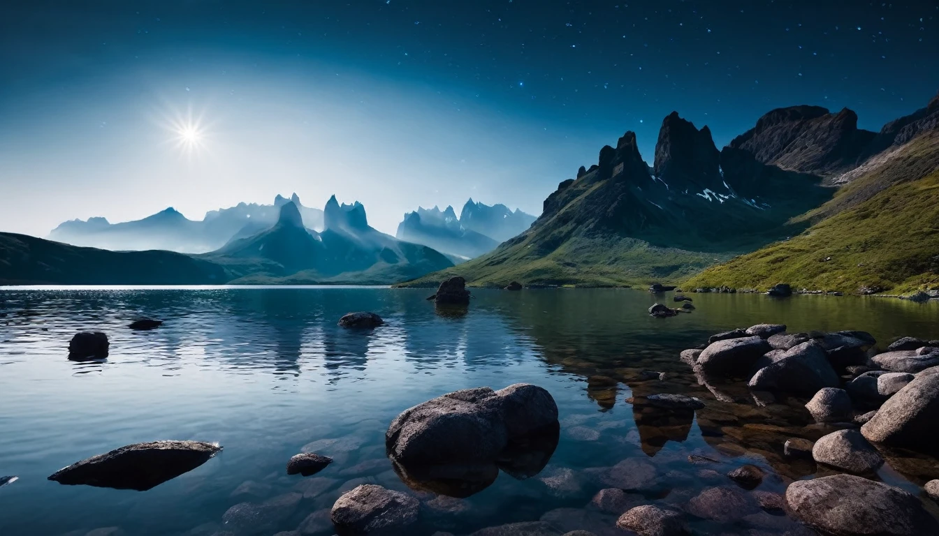 a peaceful dark landscape, a woman in yoga clothes meditating on the edge of calm lake with rocks and mountains, (best quality,4k,8k,highres,masterpiece:1.2),ultra-detailed,(realistic,photorealistic,photo-realistic:1.37),dramatic lighting, moody atmosphere, serene, tranquil, atmospheric, cinematic, mountains silhouetted against a starry night sky, still water reflecting the sky, jagged rocks along the shore, lush greenery surrounding the lake, (cinematic lighting:1.2),(dramatic shadows:1.1),muted color palette, deep blues and purples