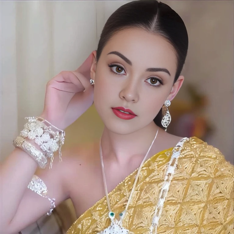 Close-up of a woman in a gold dress and a crown on her head., traditional beauty, Sukhothai dress, Dilraba Dilmurat, beautiful goddess, Beautiful Fantasy Empress, beautiful oriental woman, Thai girl anime, Southeast Asia that has existed for a long time, Thai art, Wear elegant clothes, Tailoring a suit according to tradition, portrait of a beautiful goddess ผู้หญิงอาราฟในชุดสีทองยืนอยู่หน้าอาคาร, Sukhothai dress, Dilraba Dilmurat, traditional beauty, Wear elegant clothes, traditional this tradition, Wear luxurious clothes, this tradition, Traditional clothing, Thai girl anime, traditional outfit, According to Thawan Duchanee&#39;s style, Wear a luxurious silk dress, Thai art, Traditional clothing สาวเอเชียที่สวยงาม,stereoscopic 8k,45 high quality colored lights,000,000,000 pixels, photo, post-trade photo, animation, beautiful portrait,