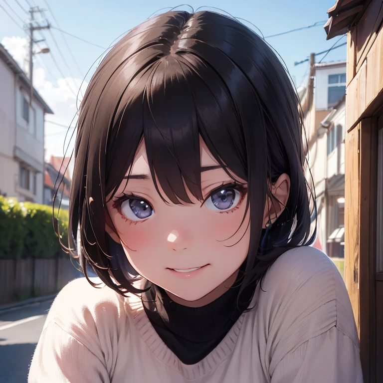 Highest quality, 超High resolution, (Realistic:1.4),Sunset Light, ponytail, Young Girl, Detailed Photos, smile, sexy, Black Shirt, To the camera, close (masterpiece: 1.3), (8K, Realistic, Highest quality: 1.4), (One girl), Beautiful Face, (Realistic Face), (Black Hair, short hair: 1.3), Beautiful hairstyle, Realistic eyes, Beautiful details in the eyes, (Realistic Skin), Beautiful Skin, (sweater), Absurd, Charm, 超High resolution, Ultra-realistic, High resolution, Golden Ratio