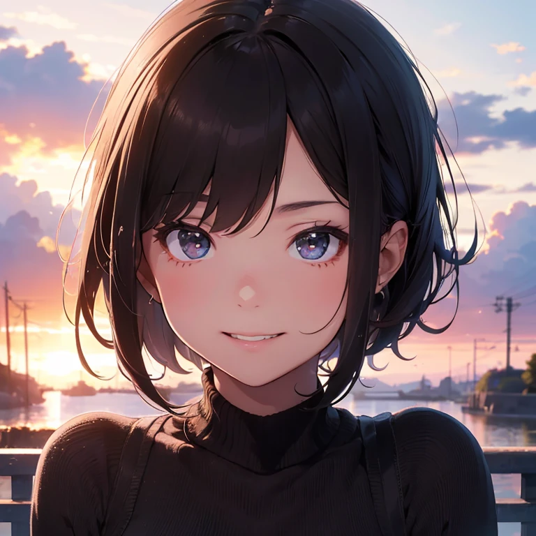 Highest quality, 超High resolution, (Realistic:1.4),Sunset Light, ponytail, Young Girl, Detailed Photos, smile, sexy, Black Shirt, To the camera, close (masterpiece: 1.3), (8K, Realistic, Highest quality: 1.4), (One girl), Beautiful Face, (Realistic Face), (Black Hair, short hair: 1.3), Beautiful hairstyle, Realistic eyes, Beautiful details in the eyes, (Realistic Skin), Beautiful Skin, (sweater), Absurd, Charm, 超High resolution, Ultra-realistic, High resolution, Golden Ratio