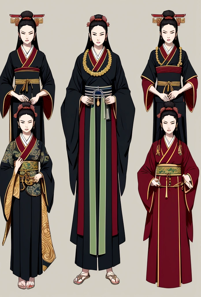 Create an outfit for priests in a society inspired by ancient Japan with Greek clothing influences. The attire should be ceremonial and reflective of their spiritual status, using shades of green and incorporating triangular motifs in the embroidery and patterns. Blend elements of Greek robes with Japanese religious garments, featuring flowing fabrics and intricate details. Accessories should include prayer beads, sashes, and symbolic jewelry. The design should convey a sense of reverence, honor, and spiritual authority, suitable for their role in the society. reference sheet, character chart, three sided view, high details, high quality, highres, anatomically correct