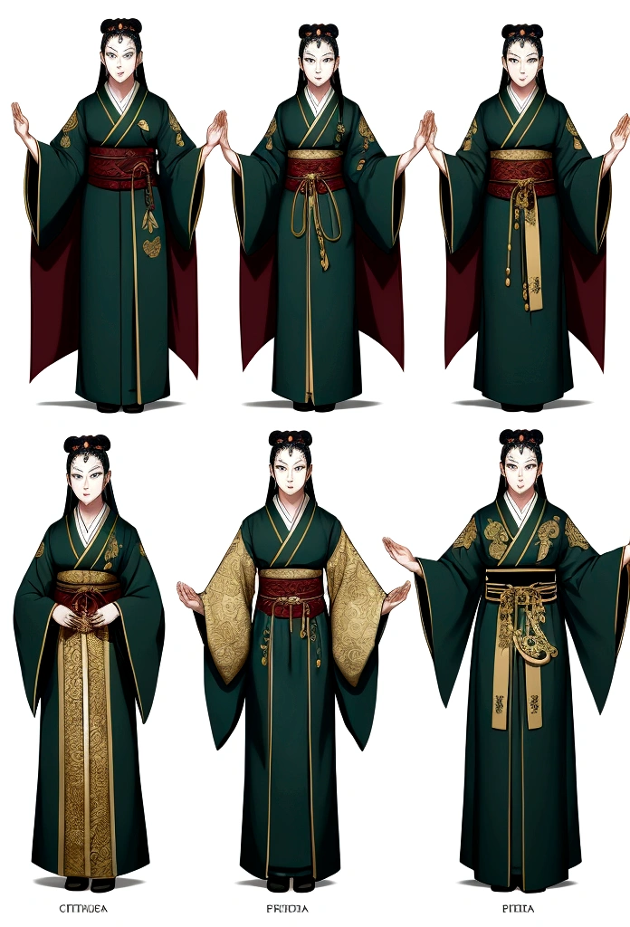Create an outfit for priests in a society inspired by ancient Japan with Greek clothing influences. The attire should be ceremonial and reflective of their spiritual status, using shades of green and incorporating triangular motifs in the embroidery and patterns. Blend elements of Greek robes with Japanese religious garments, featuring flowing fabrics and intricate details. Accessories should include prayer beads, sashes, and symbolic jewelry. The design should convey a sense of reverence, honor, and spiritual authority, suitable for their role in the society. reference sheet, character chart, three sided view, high details, high quality, highres, anatomically correct