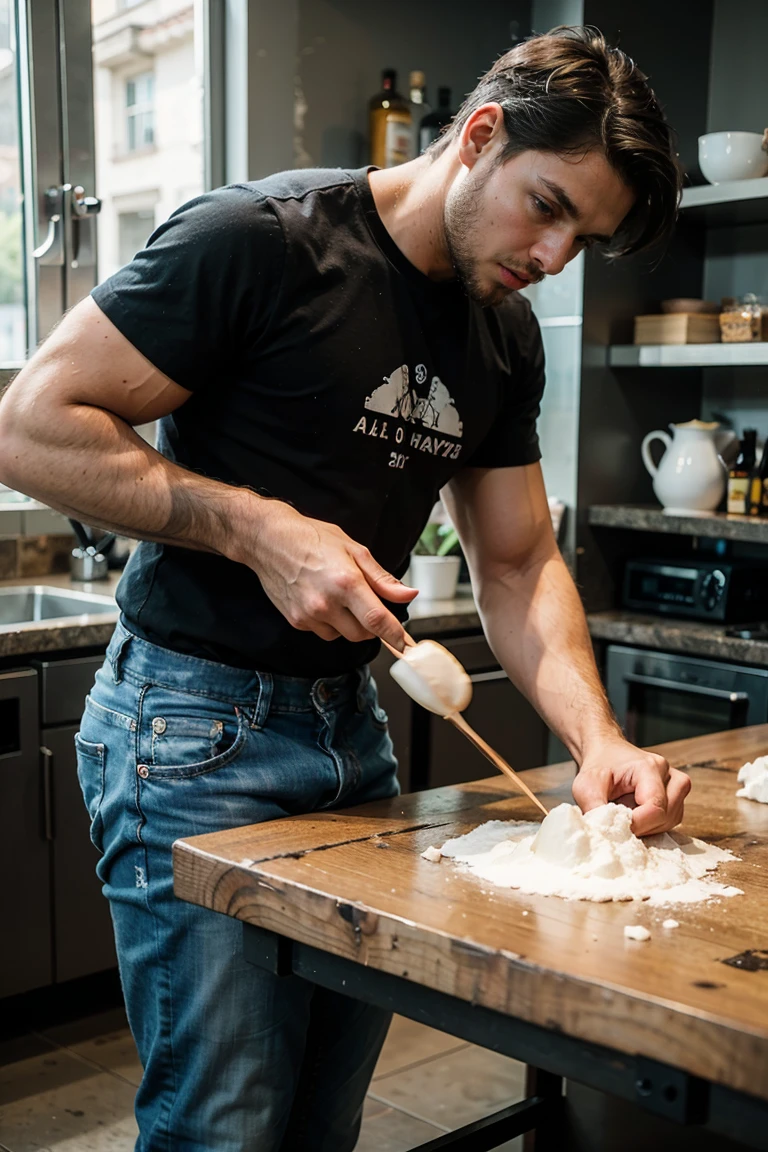 Real image of a latin model man with short black hair athletic body, short beard, no shirt, Jean Pants, kneading a dough on a table with flour.