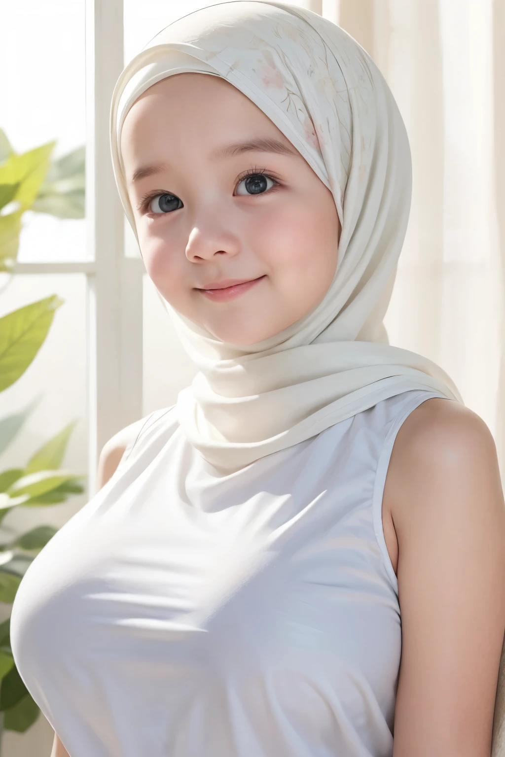Undress Singlet adorable, 1 girl, (face to face), , baby face, happy, half body portrait, (face details: 1), (eye details: 1), ((huge breasts)). wearing transparent transparency soft long shirt, hijab .. Cute posed. proportional body. Ultra High Res. realistic: 1.4, UHD, (floral pattern), view from side seductive pose