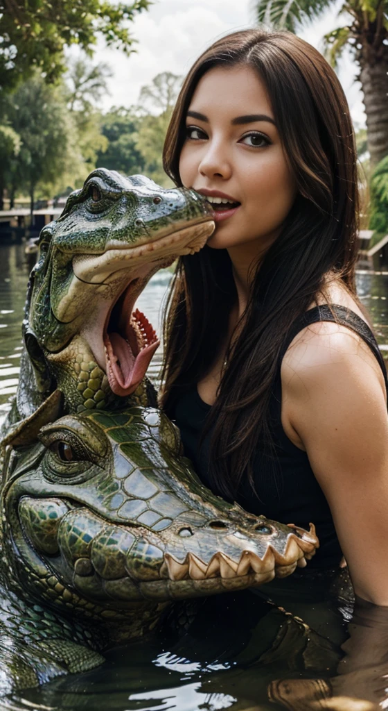 giant alligator has a big fish in its mouth, attractive young woman behind it holding the alligator