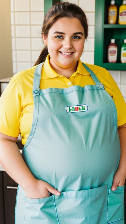 1woman, (fast food employee), overweight, ponytail, smiling, happy, chubby cheeks, ((very obese)), big belly, (wearing green apron and yellow collared shirt), close up, bust, big wide happy smile, green eyes