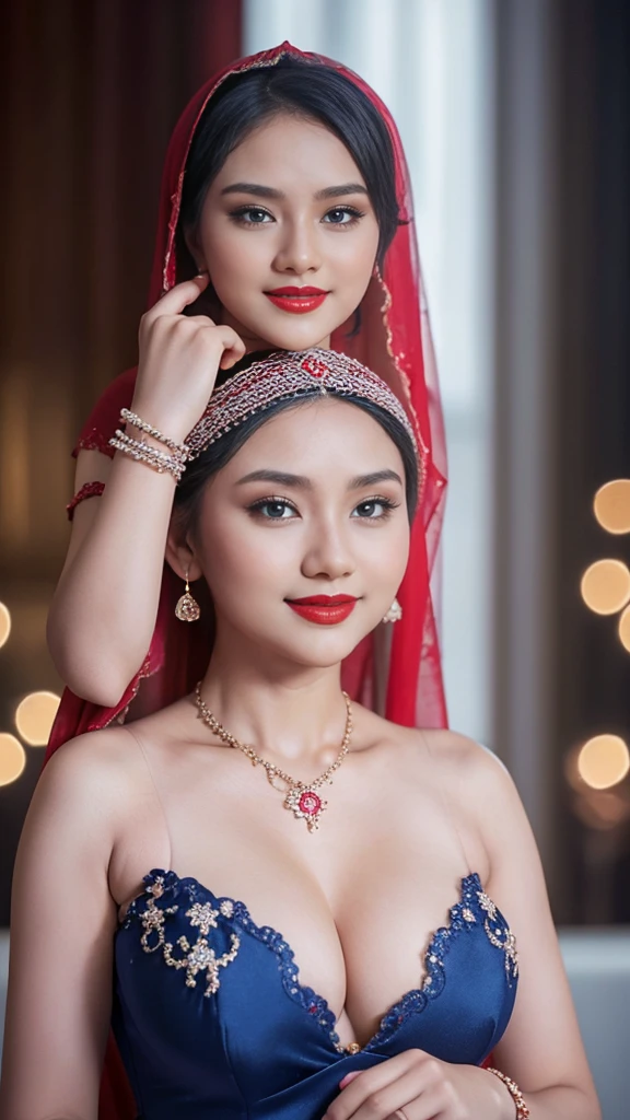 Beautiful, cute , 16 Years lolita Girl, red lipstick, sensual Lipstick, dark red lipstick,blue eyes, (wearing hijab) and sexy kebaya dress, Rounded small Breast, cleavage cutout, slightly Chubby , luxury necklace, White Skin, Smiling, Dark City Background, mid shot, upper body, Perfect Potrait, Bokeh Effect, Look at Viewer, Armpit, Perfect Eye, Perfect Hand, Perfect Finger, Bracelet, Ring, small breast, ((adorable:1.2)), ((masterpiece:1.1)), ((bokeh:1.2)),