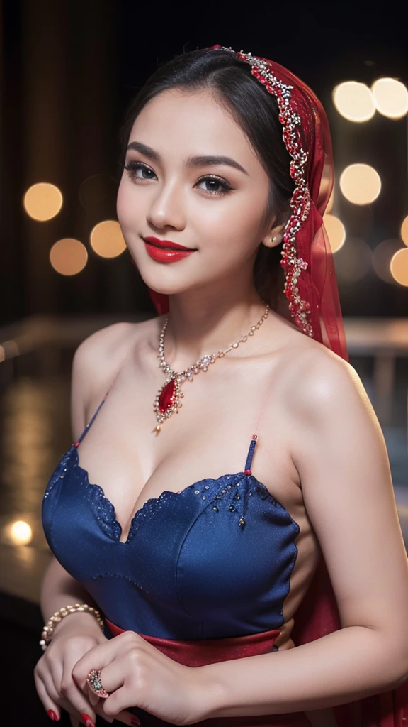 Beautiful, cute baby Face, 16 Years old russian lolita Girl, red lipstick, sensual Lipstick, dark red lipstick,blue eyes, (wearing hijab) and sexy kebaya dress, Rounded small Breast, cleavage cutout, slightly Chubby , luxury necklace, White Skin, Smiling, Dark City Background, mid shot, upper body, Perfect Potrait, Bokeh Effect, Look at Viewer, Armpit, Perfect Eye, Perfect Hand, Perfect Finger, Bracelet, Ring, small breast, ((adorable:1.2)), ((masterpiece:1.1)), ((bokeh:1.2)),