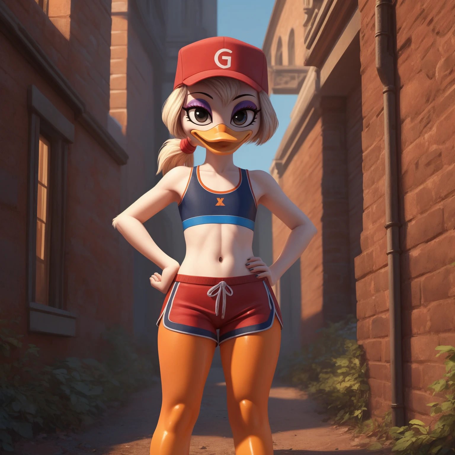 photorealism, adult female duck, Scarlett Duck, detailed background, outside, eyeshadow, cartoon duck beak, long white ponytail hairstyle, cartoon, (flat chested), (orange legs: 1.5), smiling, happy, ducktales 2017, mouth closed, cartoon webbed feet
wear red sports bra, red shorts, intricate, detailed, wears red cap hat, hands on hip
simple black eyes, detailed, intricate, (detailed skinny torso 1.5), (showing her torso)
Best quality, (detailed white skin:1.3), (looking at the viewer), 8k hd, (soft cinematic light:1.1) ,