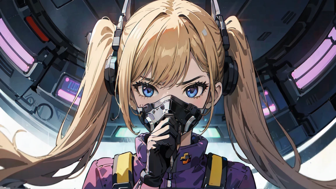 "Futuristic cockpit, A beautiful girl with light brown hair tied in twin tails、Attracts with its noble temperament。. Her Eyes, Vibrant purple color with attention to detail, She had an angry look on her face. She is wearing a white helmet that covers her face.、The surrounding mechanical buttons give it a futuristic feel.。. The landscape is enveloped in purple, Emphasizing the girl&#39;s captivating presence. Lighting creates a sense of depth、Adds a fantastic glow to the overall composition。. This artwork is of the highest quality, With highly detailed features and photorealistic style、Bringing the girl and her surroundings to life."