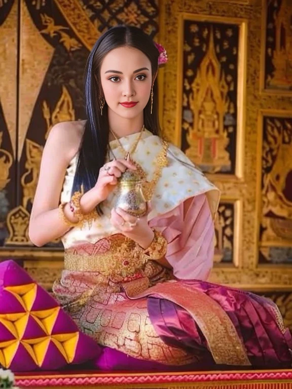 Aarav woman in a gold dress, with a gold crown and a gold necklace., Dilraba Dilmurat, Beautiful Fantasy Empress, traditional beauty, beautiful female princess, Southeast Asia that has existed for a long time, ((Beautiful Fantasy Empress)), Princess of an ancient Asian dynasty, Chinese princess, Thai girl anime, Southeast Asians with round faces, Nivan Chandra, Aarav's woman in a golden dress stands in front of the building., Sukhothai dress, Dilraba Dilmurat, traditional beauty, Wear elegant clothes, traditional this tradition, Wear luxurious clothes, this tradition, Traditional clothing, Thai girl anime, traditional outfit, According to Thawan Duchanee's style, Wear a luxurious silk dress, Thai art, Traditional clothing สาวเอเชียที่สวยงาม,stereoscopic 8k,45 high quality colored lights,000,000,000 pixels, photo, post-trade photo, animation, beautiful portrait