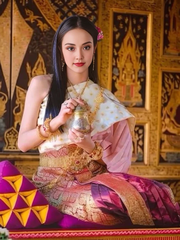 Aarav woman in a gold dress, with a gold crown and a gold necklace., Dilraba Dilmurat, Beautiful Fantasy Empress, traditional beauty, beautiful female princess, Southeast Asia that has existed for a long time, ((Beautiful Fantasy Empress)), Princess of an ancient Asian dynasty, Chinese princess, Thai girl anime, Southeast Asians with round faces, Nivan Chandra, Aarav&#39;s woman in a golden dress stands in front of the building., Sukhothai dress, Dilraba Dilmurat, traditional beauty, Wear elegant clothes, traditional this tradition, Wear luxurious clothes, this tradition, Traditional clothing, Thai girl anime, traditional outfit, According to Thawan Duchanee&#39;s style, Wear a luxurious silk dress, Thai art, Traditional clothing สาวเอเชียที่สวยงาม,stereoscopic 8k,45 high quality colored lights,000,000,000 pixels, photo, post-trade photo, animation, beautiful portrait