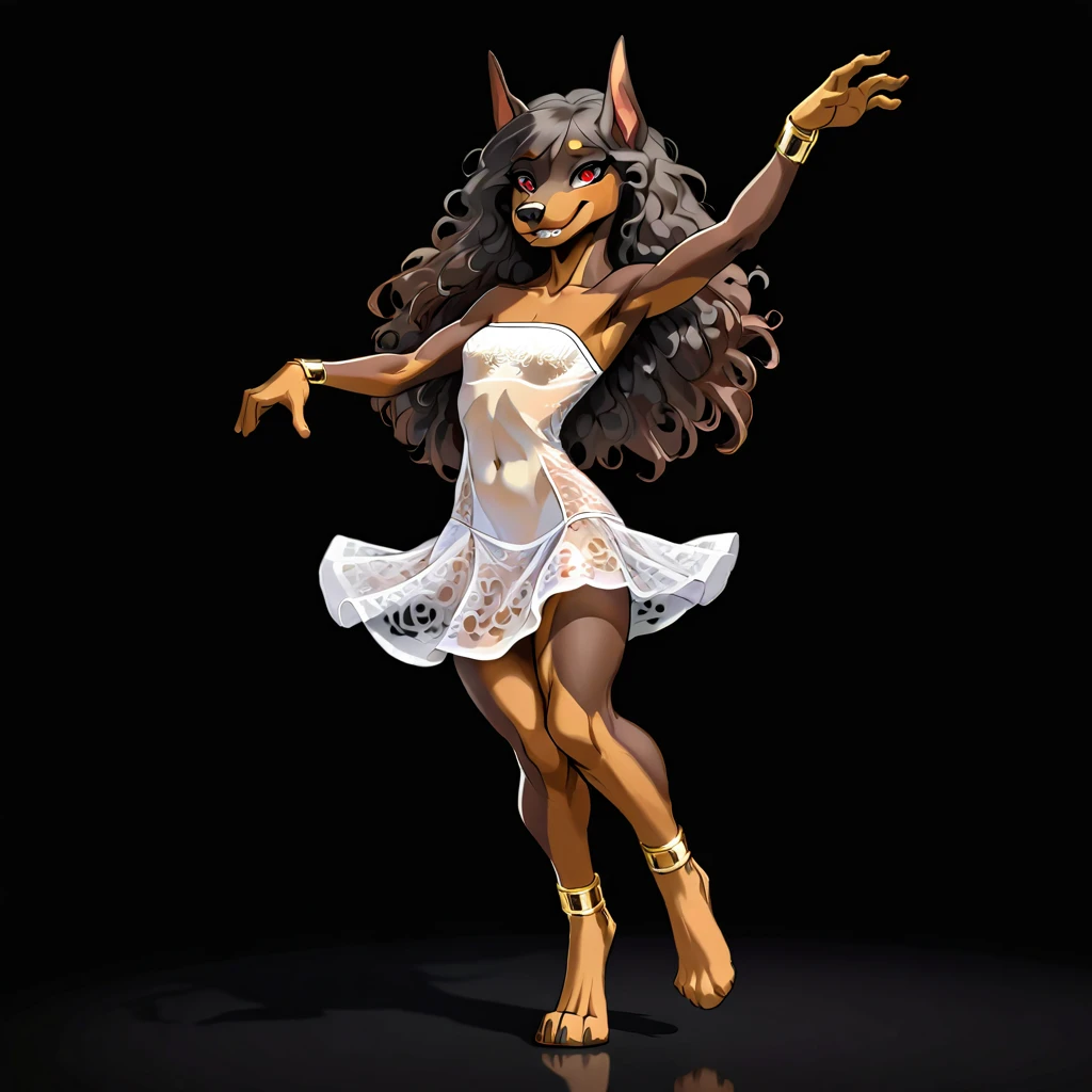 (anthro Dog:1.3), (dark brown fur:1.2), (doberman:1.1), muscular body, small breasts, (white slightly transparent strapless mini dress:1.0), (filigree gold bracelet:0.9), (black eye makeup:0.9), (full body view:1.0), toothy smilie, (dancing:1.5), black long curly hair, (black background:1.4), detailed skin texture, 24k resolution, highly detailed, (red eyes:0.9), (natural front light:0.5)