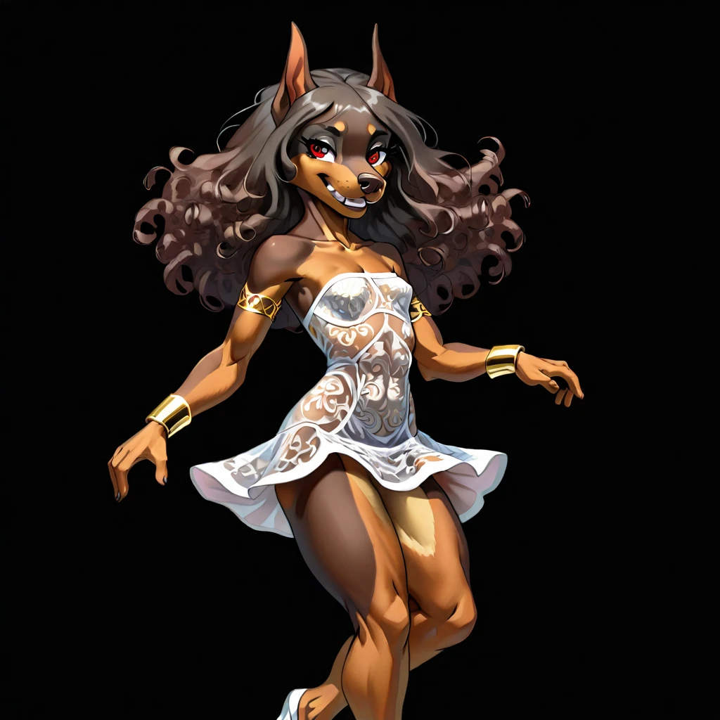 (anthro Dog:1.3), (dark brown fur:1.2), (doberman:1.1), muscular body, small breasts, (white slightly transparent strapless mini dress:1.0), (filigree gold bracelet:0.9), (black eye makeup:0.9), (full body view:1.0), toothy smilie, (dancing:1.5), black long curly hair, (black background:1.4), detailed skin texture, 24k resolution, highly detailed, (red eyes:0.9), (natural front light:0.5)