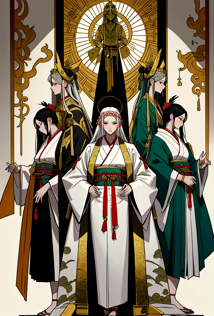 Create an outfit for priests in a society inspired by ancient Japan with Greek clothing influences. The attire should be ceremonial and reflective of their spiritual status, using shades of green and incorporating triangular motifs in the embroidery and patterns. Blend elements of Greek robes with Japanese religious garments, featuring flowing fabrics and intricate details. Accessories should include prayer beads, sashes, and symbolic jewelry. The design should convey a sense of reverence, honor, and spiritual authority, suitable for their role in the society. reference sheet, character chart, three sided view, high details, high quality, highres, anatomically correct
