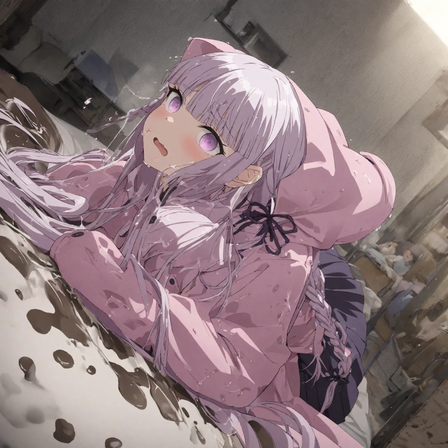 (masterpiece)), ((best quality)), (ultra-detailed), wallpaper, highest quality, ((an extremely delicate and beautiful)), 1girl, (illustration), (dynamic angle), cowboy shot, (((kyoko kirigiri))), long light purple hair, focus on eyes, (((shiny pink raincoat))), ((((((mud dripping on clothes)))))), ((((((mud splattered on clothes)))))), ((((((smearing mud on raincoat)))))), ((((((drenched in mud)))))), buttoned raincoat, detailed eyes, black pleated skirt, looking up at viewer, laying on bed, bedroom, white sheets, white pillows, embarrassed expression, blushing, shy, perfect anatomy, kyouko kirigiri, long hair, bangs, ribbon, purple eyes, hair ribbon, purple hair, braid, single braid, side braid