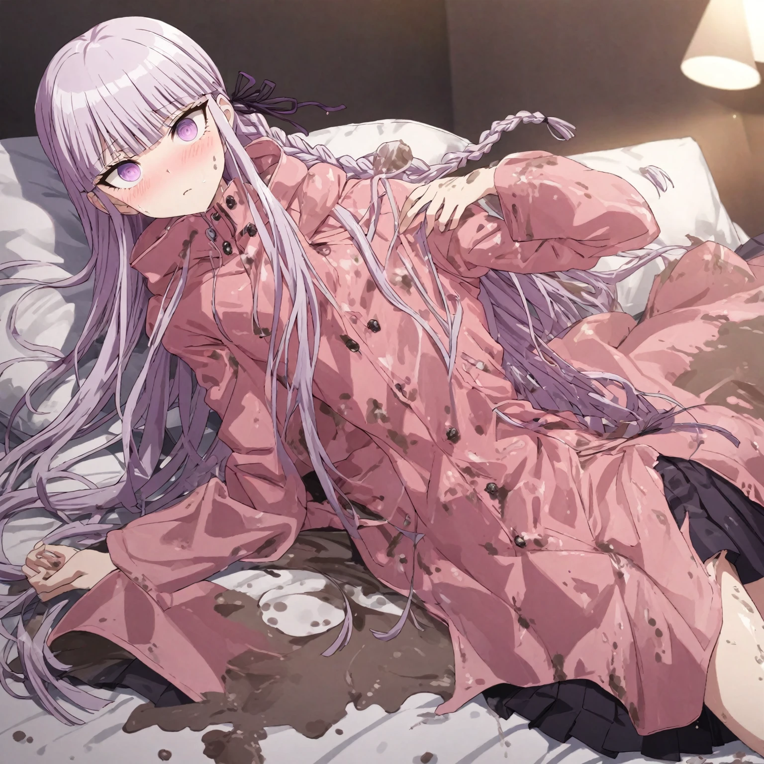 (masterpiece)), ((best quality)), (ultra-detailed), wallpaper, highest quality, ((an extremely delicate and beautiful)), 1girl, (illustration), (dynamic angle), cowboy shot, (((kyoko kirigiri))), long light purple hair, focus on eyes, (((shiny pink raincoat))), ((((((mud dripping on clothes)))))), ((((((mud splattered on clothes)))))), ((((((smearing mud on raincoat)))))), ((((((drenched in mud)))))), buttoned raincoat, detailed eyes, black pleated skirt, looking up at viewer, laying on bed, bedroom, white sheets, white pillows, embarrassed expression, blushing, shy, perfect anatomy, kyouko kirigiri, long hair, bangs, ribbon, purple eyes, hair ribbon, purple hair, braid, single braid, side braid