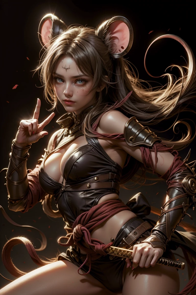 Sexy ninja girl with mouse ears, with a katana, and jutsu hand sign
