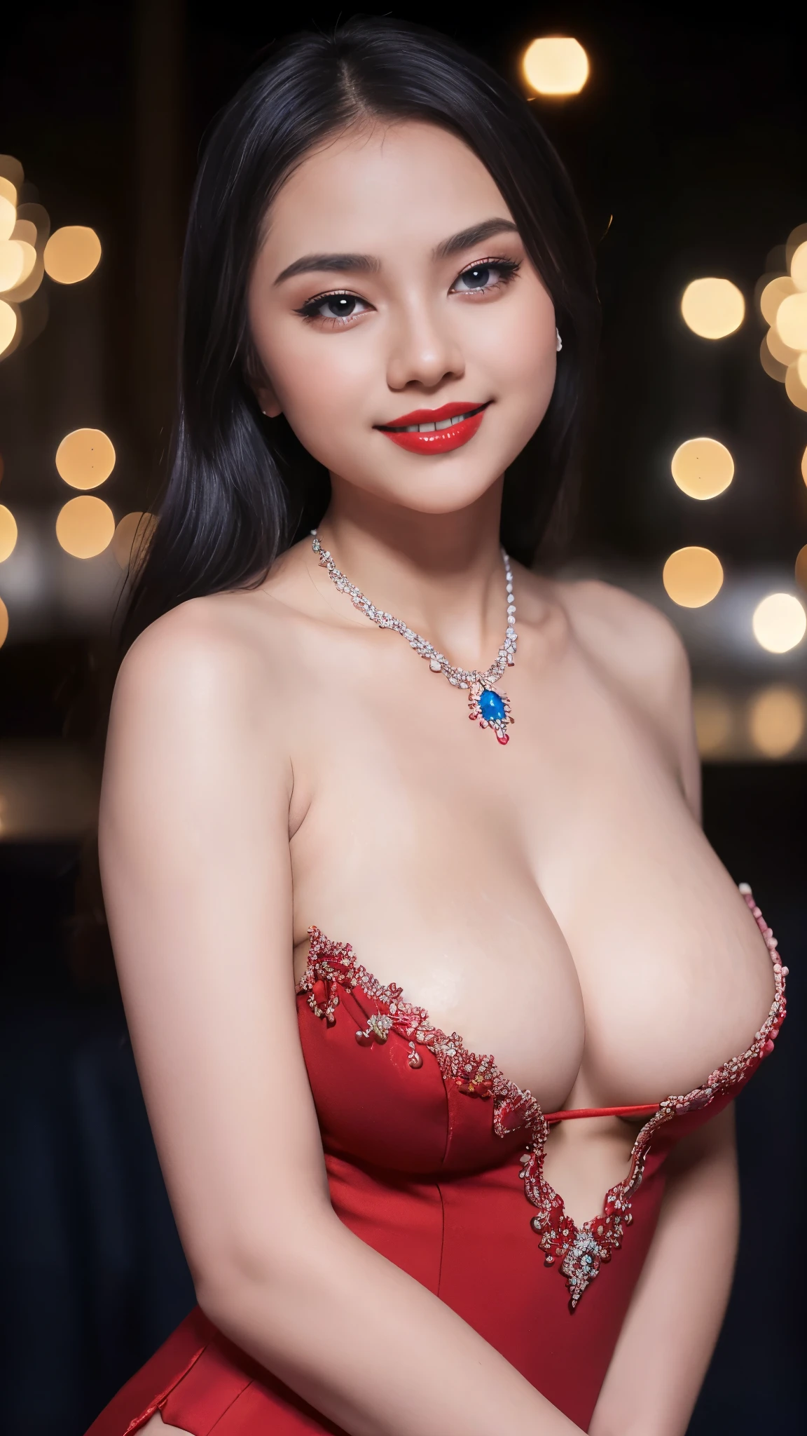 Beautiful, cute , 16 Years lolita Girl, red lipstick, sensual Lipstick, dark red lipstick,blue eyes, (nude) and sexy kebaya dress, Rounded small Breast, cleavage cutout, slightly Chubby , luxury necklace, White Skin, Smiling, Dark City Background, mid shot, upper body, Perfect Potrait, Bokeh Effect, Look at Viewer, Armpit, Perfect Eye, Perfect Hand, Perfect Finger, Bracelet, Ring, small breast, ((adorable:1.2)), ((masterpiece:1.1)), ((bokeh:1.2)),