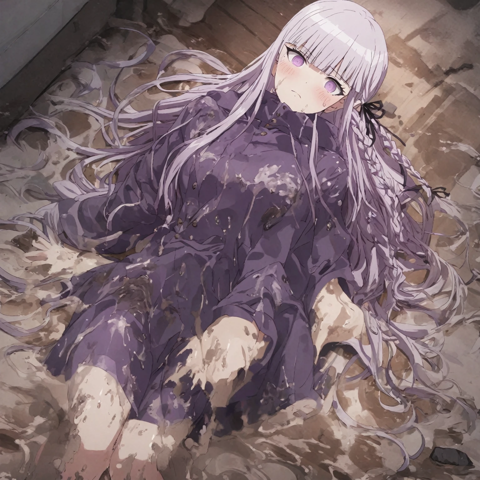 (masterpiece)), ((best quality)), (ultra-detailed), wallpaper, highest quality, ((an extremely delicate and beautiful)), 1girl, (illustration), (dynamic angle), cowboy shot, (((kyoko kirigiri))), long light purple hair, focus on eyes, (((shiny pink raincoat))), ((((((mud dripping on clothes)))))), ((((((mud splattered on clothes)))))), ((((((smearing mud on raincoat)))))), ((((((drenched in mud)))))), buttoned raincoat, detailed eyes, black pleated skirt, looking up at viewer, laying on bed, bedroom, white sheets, white pillows, embarrassed expression, blushing, shy, perfect anatomy, kyouko kirigiri, long hair, bangs, ribbon, purple eyes, hair ribbon, purple hair, braid, single braid, side braid