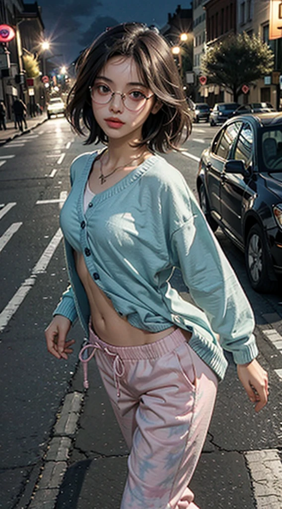 best quality, masterpiece, light, complex, cinematic detailed Practical background, Delicate face, whole body, Small Breasts, Practical, Clear lines, , , 1 girl jogging, city View, night, Tie-Dye Shirt, Looking at the audience, Tattoo, Model pose, Cardigan sweater, The eyes have rings, Street Lights, lamp post, Yoga Pants, Variegated hair, Glasses,, ,