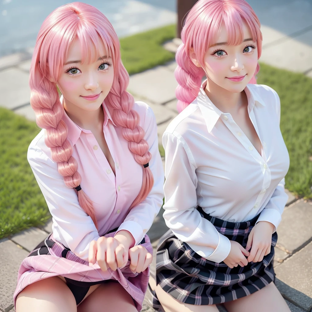 (masterpiece:1.3、Highest quality、Ultra-high resolution、Very detailed)、(Genuine:1.1、Realistic:1.4)、Beautiful illustrations、Perfect lighting、Depth of the Boundary、Beautiful hair in every detail、Beautiful face in every detail、Beautiful definition details、Beautiful clavicle、Beautiful body、Beautiful breasts、Beautiful thighs、Beautiful feet、Beautiful fingers、View Audience、1 Girl、high school girl、Perfect Face、(Perfect Anatomy、Anatomically correct)、Cute and symmetrical face、Baby Face、Skin Radiance、(Pink Hair:1.5)、Asymmetrical bangs、Green Eyes、Long eyelashes、skinny、(Skirt Lift、White panties)、((Collared short-sleeved shirt、Black shirt)、Black plaid pleated skirt))、Cleavage、(Beautiful views)、evening、(Outdoor、distant cityscape)、(Cute Smile、Blushing、look up)
