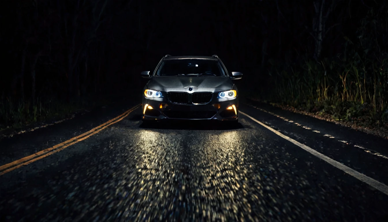 car on the road, view from the front, headlights on, dark night, sinister
