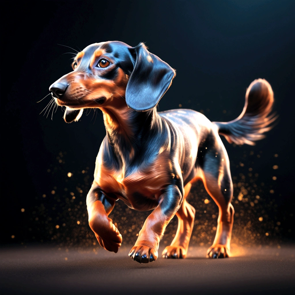 glowing photorealistic closeup side view final render of an epic daschund arlequin running forward, veins glowing in power, its back disintegrating into a magical dust, full body side view, deep colors, gorgeous eyes, glitter