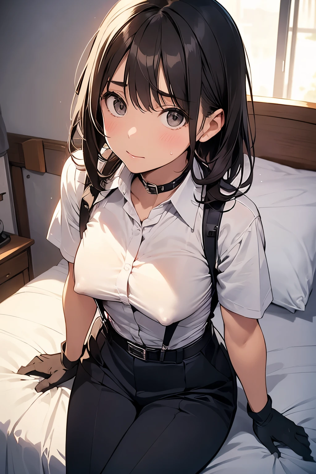 suspenders　　　Moderate breasts　 　 　　　　Small face　 　　　holster　　　Beautiful woman　　　　 Lying in bed　Looking up　　　　Sweat 　　　belt　summer　脇Sweat 　Black Hole Gloves　suit　shirt　　Black jacket　 Black trousers　Leg Links　ズボンにbelt　No bra　　Nipples