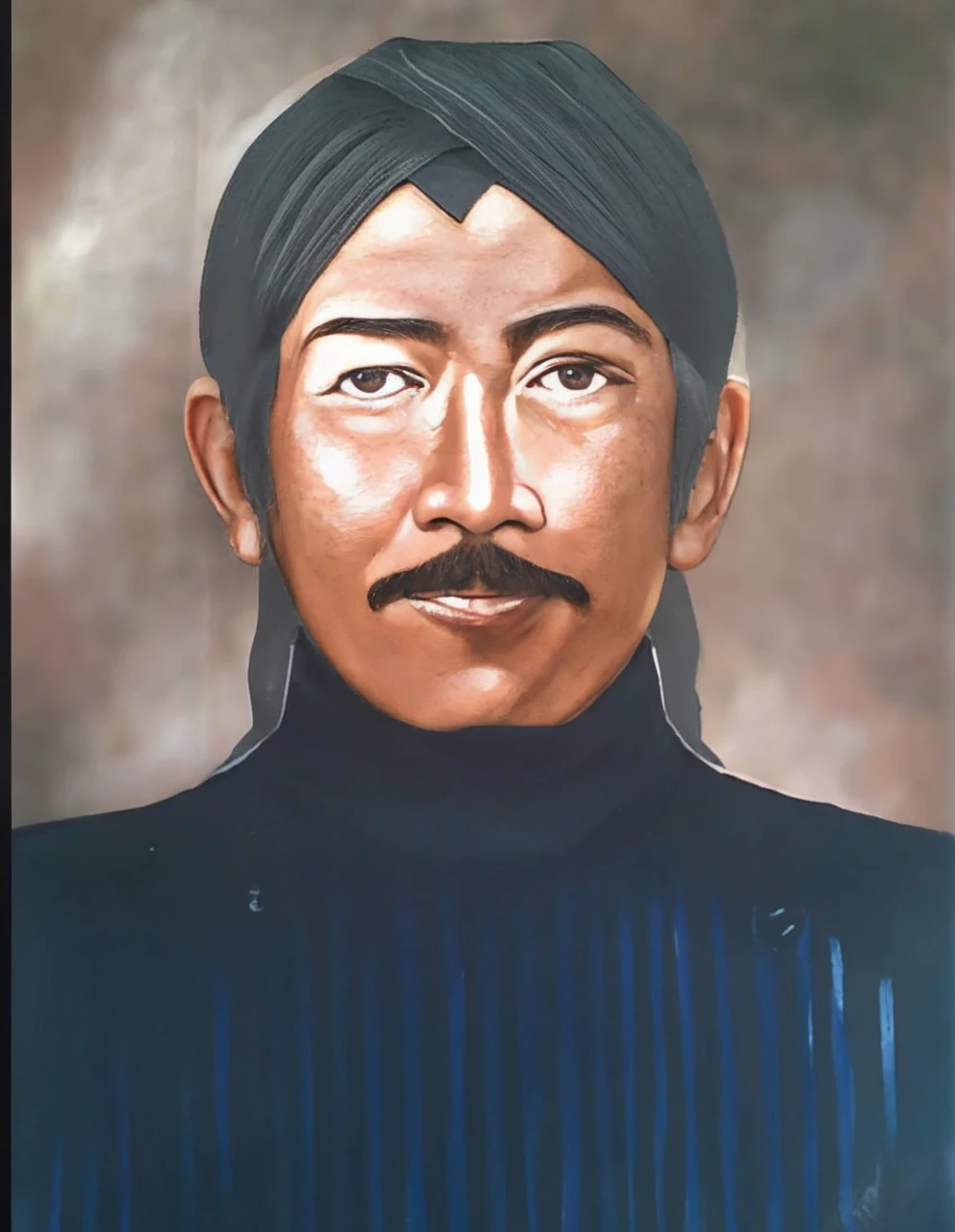 Indonesian Muslim man, aged 40 years or above, brown skin with wrinkles on the forehead, wearing Javanese ethnic clothing, thick mustache, slightly narrow eyes, realistic HD