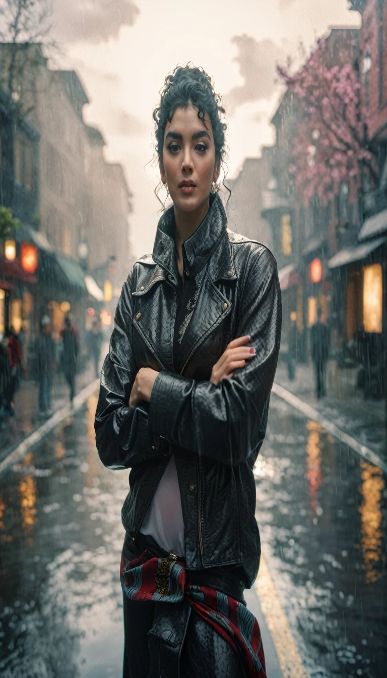 bloom, lens reflection, (8k, RAW, professional, best quality, masterpiece: 1.2), (realistic, photorealistic: 1.37), ultra-detailed, (wide-angle 25mm portrait), (most detailed skin: 1.2), very detailed face, cinematic lighting, 1girl, curly black hair, (windy), standing on the couch, dark light, looking at the camera, large breasts, black and red blouse