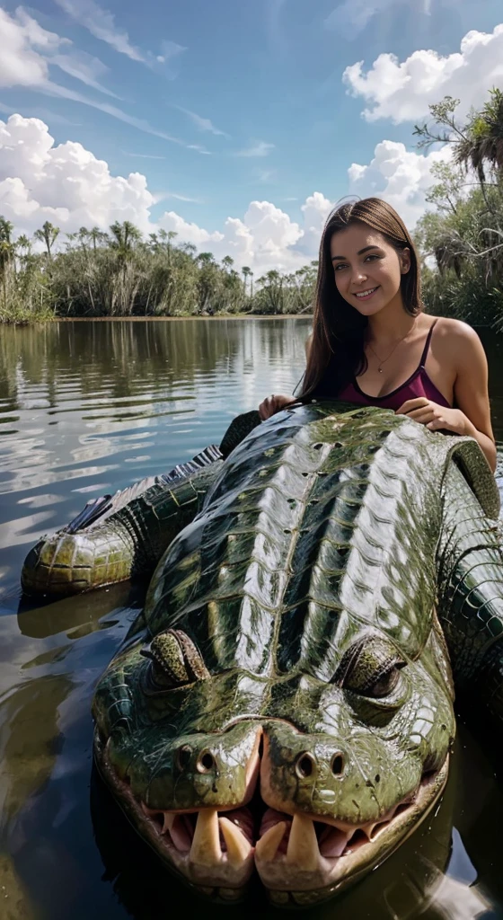 giant alligator in the everglades eats a big fish, , attractive outdoor american young woman behind it holding the alligator, ultra-realistic snapchat influencer photo