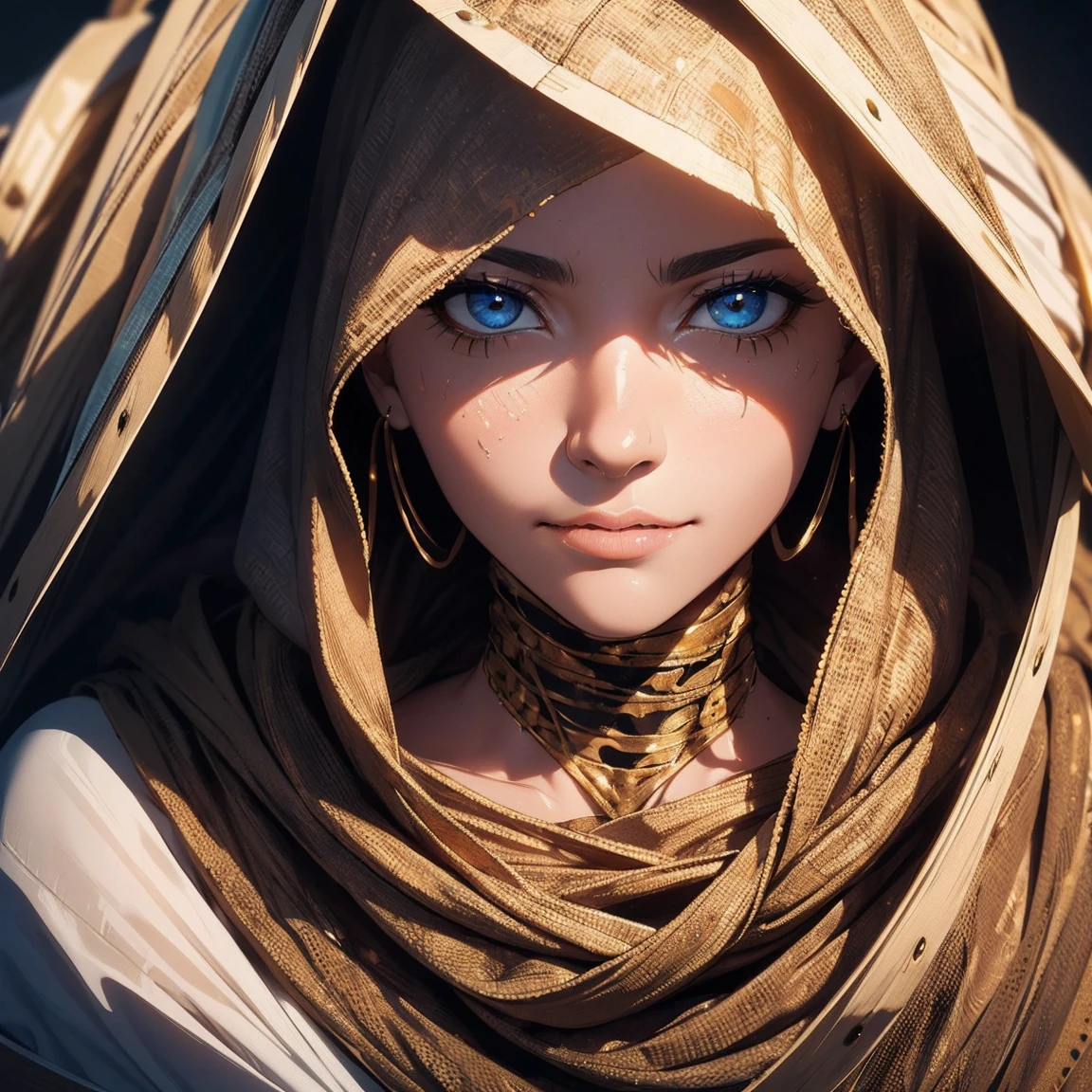 "(Best Quality,High resolution),closeup of a mummy&#39;s face,covered in bandages with golden hieroglyphs,(detailed:1.1),(bright and intense colors:1.1),(realist:1.1) graphic art style,Frightening,eye sockets with shiny golden eyes,detailed wrinkles, Dark circles under the eyes."