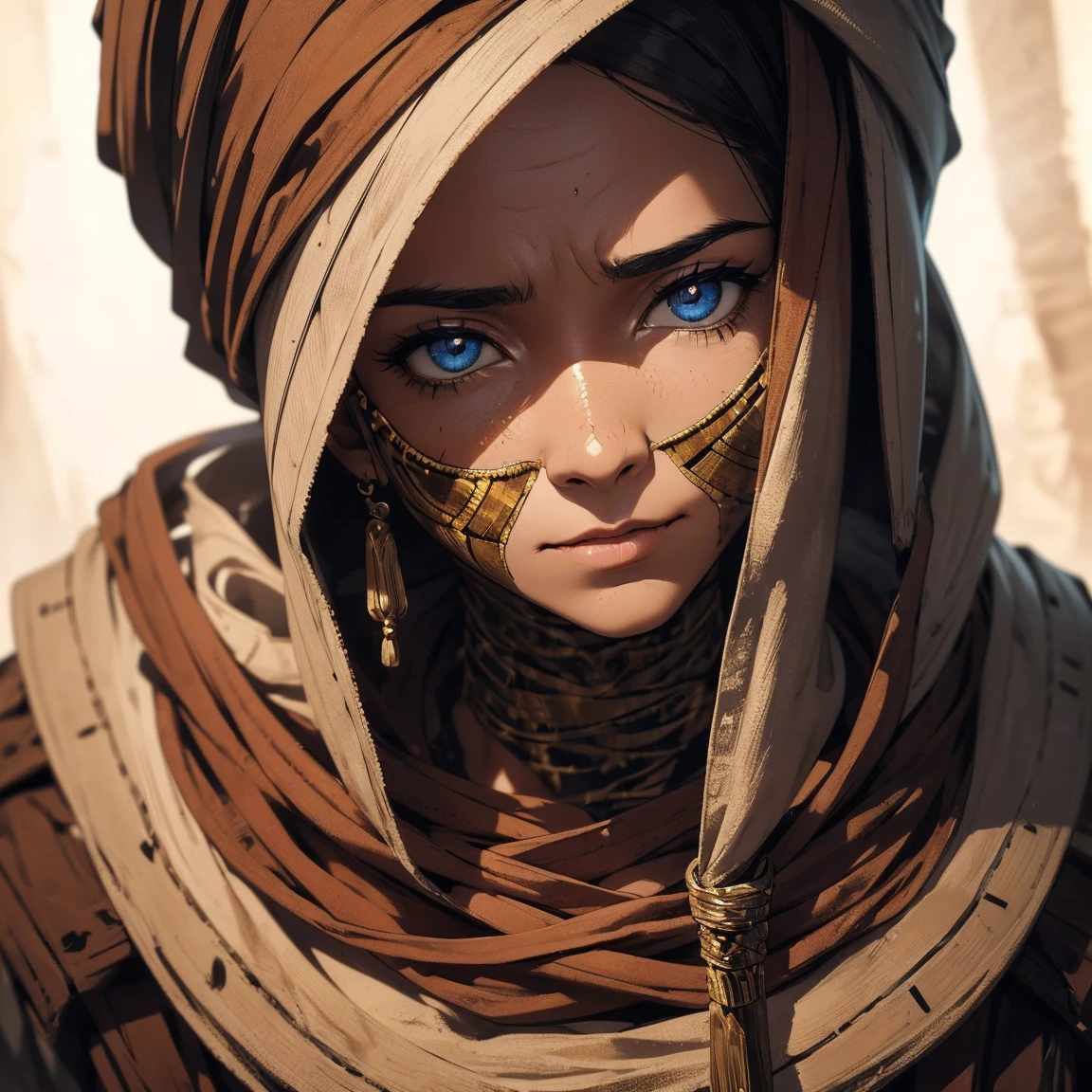 "(Best Quality,High resolution),closeup of a mummy's face,covered in bandages with golden hieroglyphs,(detailed:1.1),(bright and intense colors:1.1),(realist:1.1) graphic art style,Frightening,eye sockets with shiny golden eyes,detailed wrinkles, Dark circles under the eyes."