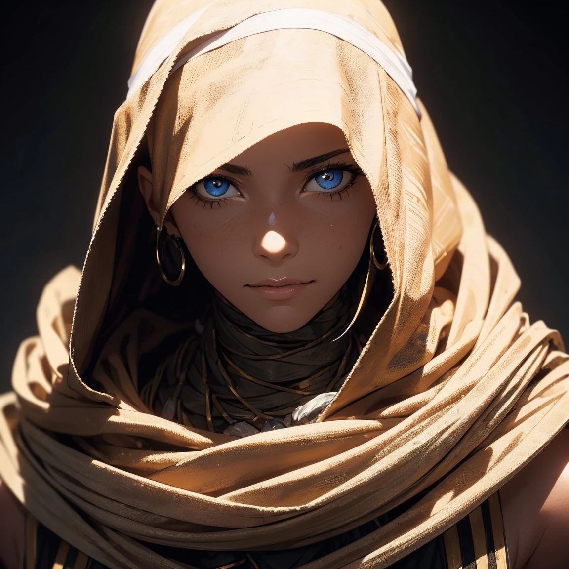 "(Best Quality,High resolution),closeup of a mummy's face,covered in bandages with golden hieroglyphs,(detailed:1.1),(bright and intense colors:1.1),(realist:1.1) graphic art style,Frightening,eye sockets with shiny golden eyes,detailed wrinkles, Dark circles under the eyes."