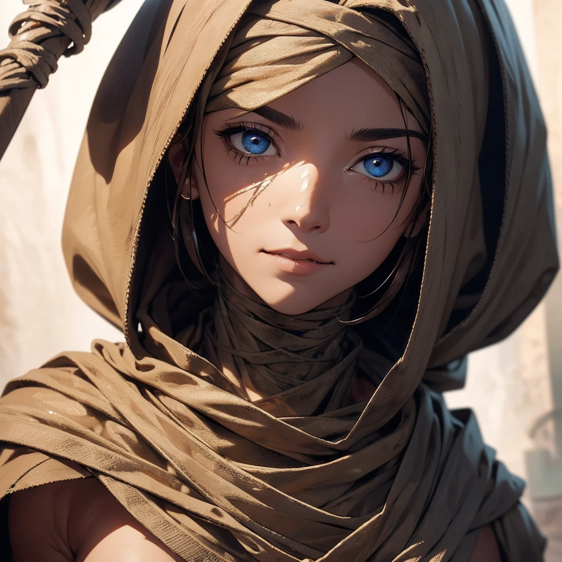 "(Best Quality,High resolution),closeup of a mummy's face,covered in bandages with golden hieroglyphs,(detailed:1.1),(bright and intense colors:1.1),(realist:1.1) graphic art style,Frightening,eye sockets with shiny golden eyes,detailed wrinkles, Dark circles under the eyes."