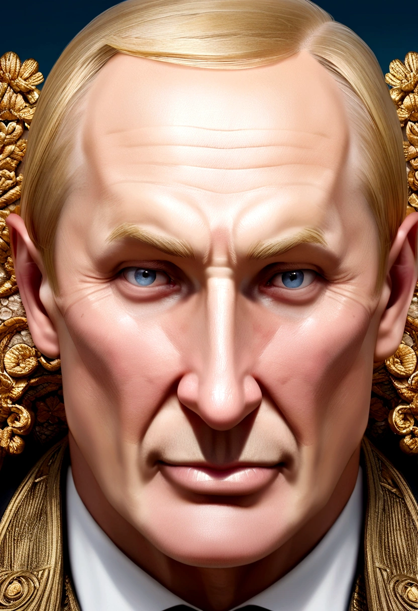 (Vladimir putin) god , lit by godrays, (close up face, ) upper body, HD, masterpiece, 16k, confident , detailed eyes, clouds heaven, cartoon, full sharp, aureola, halo