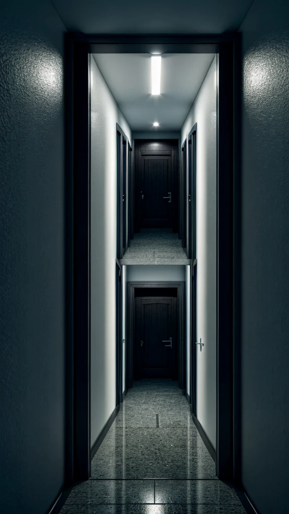 A dark hallway, various doors on side, straight line, detailed, 4K