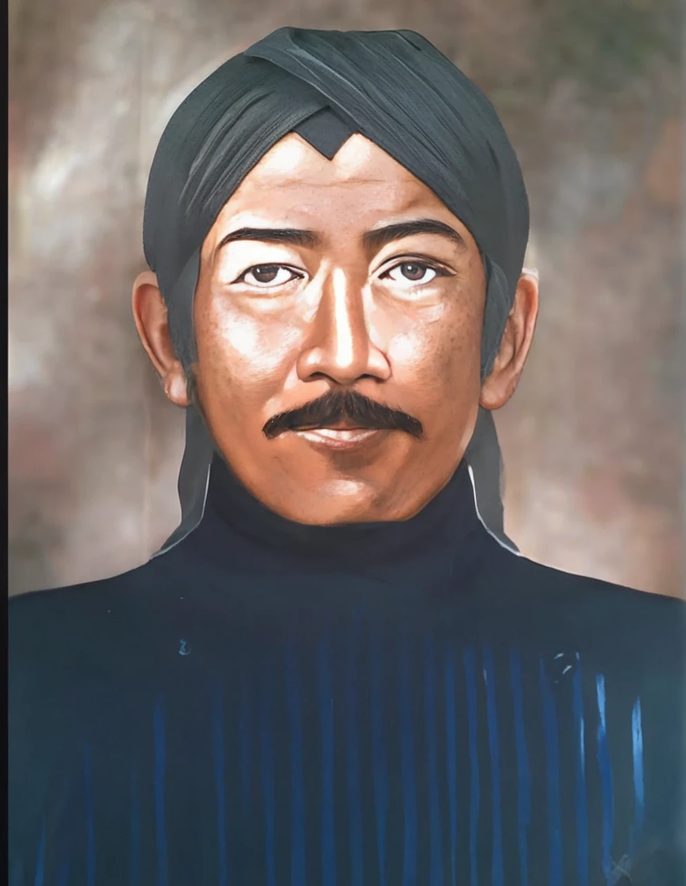 Indonesian Muslim man, aged 40 years or above, brown skin with wrinkles on the forehead, wearing Javanese ethnic clothing, thick mustache, slightly narrow eyes, realistic HD