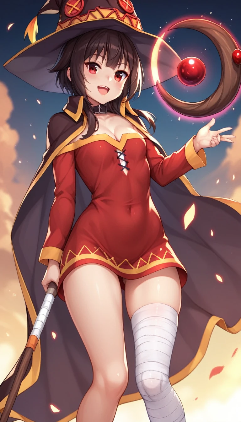 A cute girl from the anime "KonoSuba", Megumin, with small breasts, cleavage, bandaged legs, casting a spell, wearing a dress, full-bodied, holding a staff, looking at the viewer, magic, open mouth, red cape, detailed skin texture, volumetric lighting, red dress, red eyes, short dress, short hair, alone, staff, thighs, witch-like, absolute territory