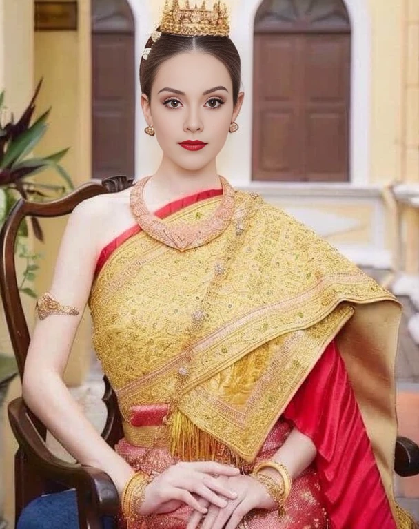 Close-up of a woman in a gold dress and a crown on her head., traditional beauty, Sukhothai dress, Thai girl anime, traditional outfit, According to Thawan Duchanee's style, Wear a luxurious silk dress, Thai art, traditional clothing beautiful asian girl,stereoscopic 8k,45 high quality colored lights,000,000,000 pixels, photo, post-trade photo, animation, beautiful portrait,