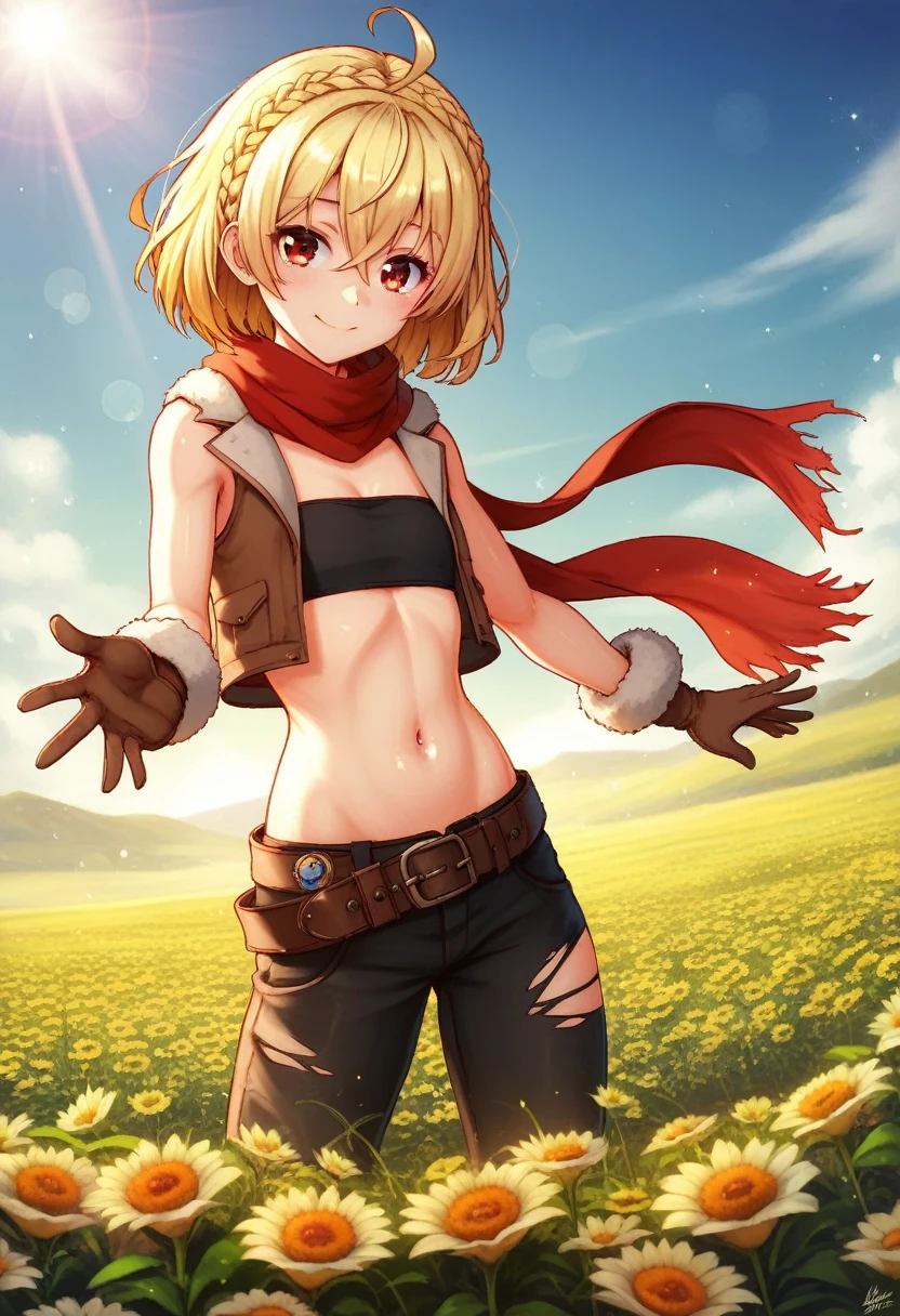 è²é²ç¹,1girl,blonde hair,red eyes,crown braid,black bow,short hair,ahoge,hair between eyes,bangs,hair bow,solo,smile,outdoors,full body,
red scarf,black bandeau,cropped jacket,brown jacket,flat chest,cleavage,sleeveless,bare shoulders,sheathed,fur trim,belt,midriff,navel,torn scarf,brown vest,fur-trimmed gloves,brown gloves,groin,navel,single pantsleg,black pants,open vest,ribbon,spring,flower field,lens_flare,, Exquisite visuals, high-definition,masterpiece,best quality,, 18yo,Young female,Beautiful Fingers,Beautiful long legs,Beautiful body,Beautiful Nose,Beautiful character design, perfect eyes, perfect face,expressive eyes,
official art,extremely detailed CG unity 8k wallpaper, perfect lighting,Colorful, Bright_Front_face_Lighting,shiny skin,
(masterpiece:1.0),(best_quality:1.0), ultra high res,4K,ultra-detailed,
photography, 8K, HDR, highres, absurdres:1.2, Kodak portra 400, film grain, blurry background, bokeh:1.2, lens flare, (vibrant_color:1.2), (beautiful_face:1.5),(narrow_waist), ,NSFW,