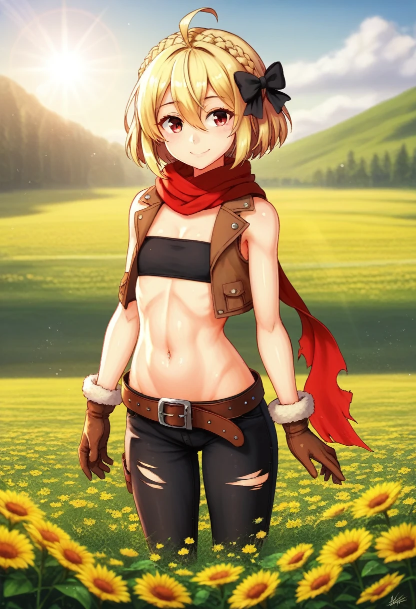 è²é²ç¹,1girl,blonde hair,red eyes,crown braid,black bow,short hair,ahoge,hair between eyes,bangs,hair bow,solo,smile,outdoors,full body,
red scarf,black bandeau,cropped jacket,brown jacket,flat chest,cleavage,sleeveless,bare shoulders,sheathed,fur trim,belt,midriff,navel,torn scarf,brown vest,fur-trimmed gloves,brown gloves,groin,navel,single pantsleg,black pants,open vest,ribbon,spring,flower field,lens_flare,, Exquisite visuals, high-definition,masterpiece,best quality,, 18yo,Young female,Beautiful Fingers,Beautiful long legs,Beautiful body,Beautiful Nose,Beautiful character design, perfect eyes, perfect face,expressive eyes,
official art,extremely detailed CG unity 8k wallpaper, perfect lighting,Colorful, Bright_Front_face_Lighting,shiny skin, 
(masterpiece:1.0),(best_quality:1.0), ultra high res,4K,ultra-detailed,
photography, 8K, HDR, highres, absurdres:1.2, Kodak portra 400, film grain, blurry background, bokeh:1.2, lens flare, (vibrant_color:1.2), (beautiful_face:1.5),(narrow_waist), ,NSFW,