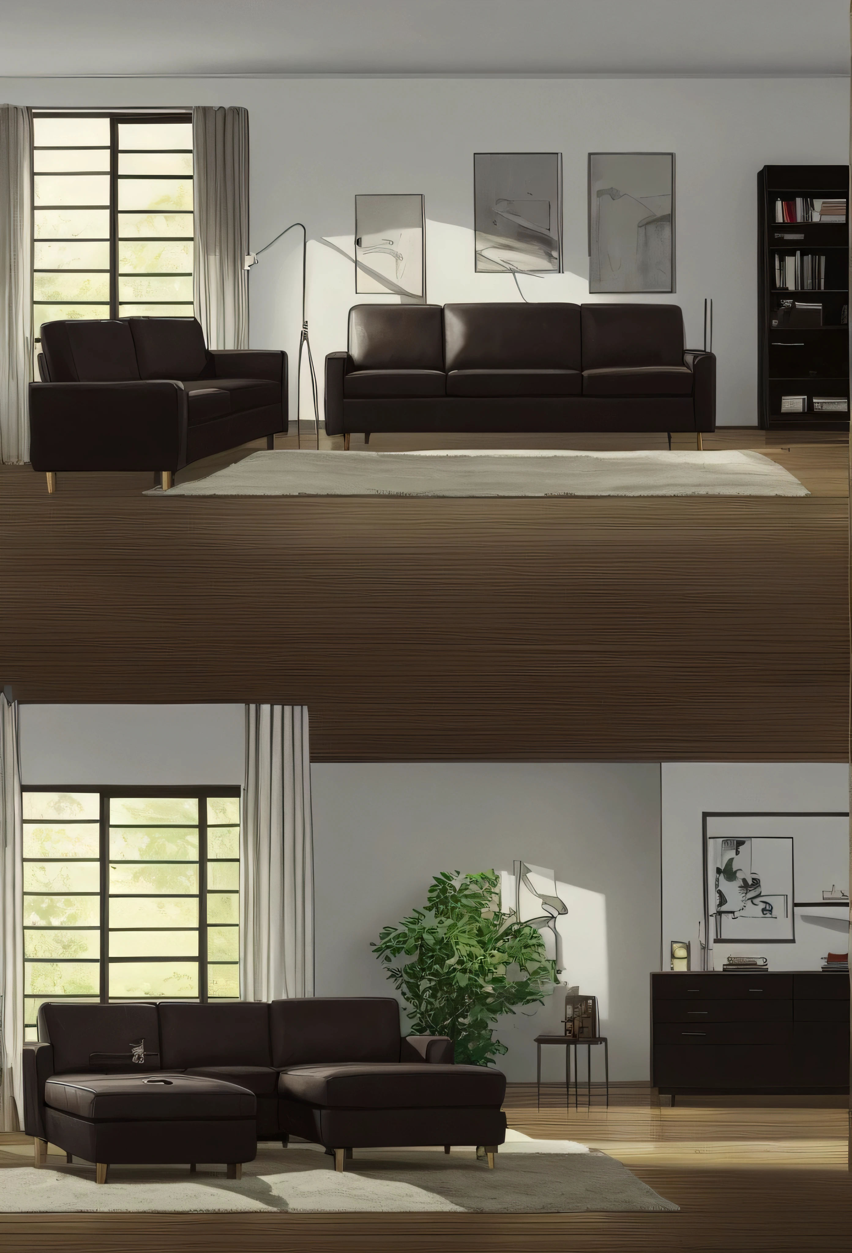 a photo of a modern black leather couch with brown and beige pillows in the corner of an empty living room, grey wooden floors, large red, black, and white abstract art on the wall above the sofa, a large dark rug with tan and dark brown swirls under the couch, door to the right side, no windows, taken from eye level, no perspective, 8k, super detail, best quality
