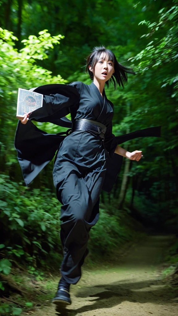 skinny Japanese woman in black Ninja kimono costume running to escape in the dark forest, beautiful face, ((detailed face, detailed eyes)), high quality, high resolution, hyperrealistic photo, a photo capturing a shocking moment, award-winning, masterpiece