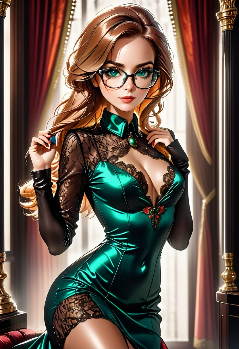 a picture of a spy using glasses to take pictures, an elegant, exquisite beautiful female spy, dynamic hair color, dynamic hair style, (wearing elegant intricate details glasses: 1.3), dynamic color glasses, dynamic style glasses, information reflected in the glasses, she wears an elegant, intricate detailed dress, silk dress , small cleavage, she wears elegant knee high heeled boots, exquisite knee high heeled boots, Vibrant, Ultra-high resolution, High Contrast, masterpiece:1.2, highest quality, Best aesthetics), best details, best quality, highres, ultra wide angle, 16k, [ultra detailed], masterpiece, best quality, (extremely detailed), Genetically modified..., Cinematic Hollywood Film