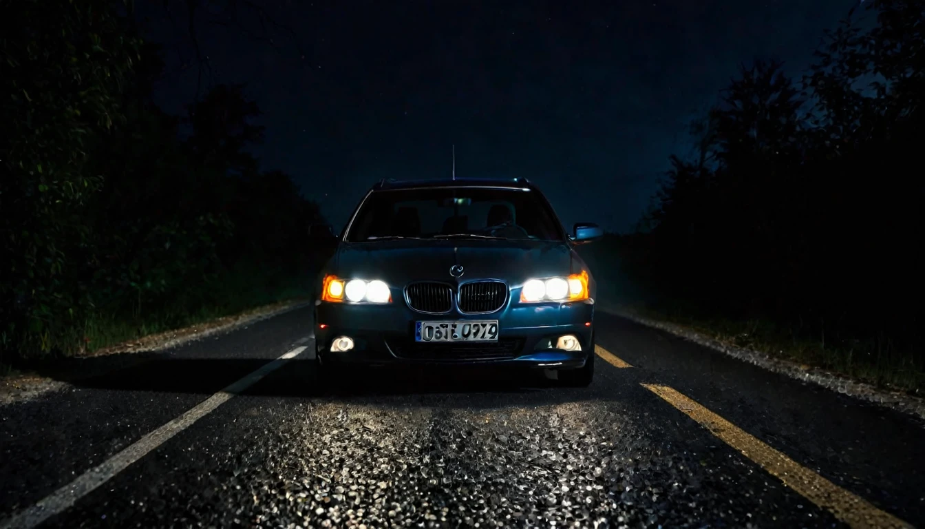 car on the road, view from the front, headlights on, dark night, sinister