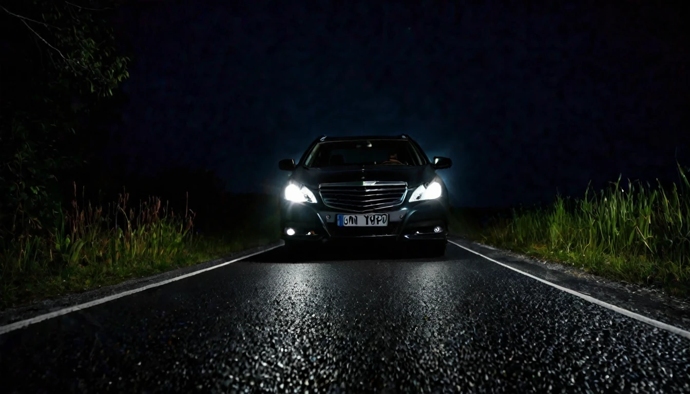 car on the road, view from the front, headlights on, dark night, sinister