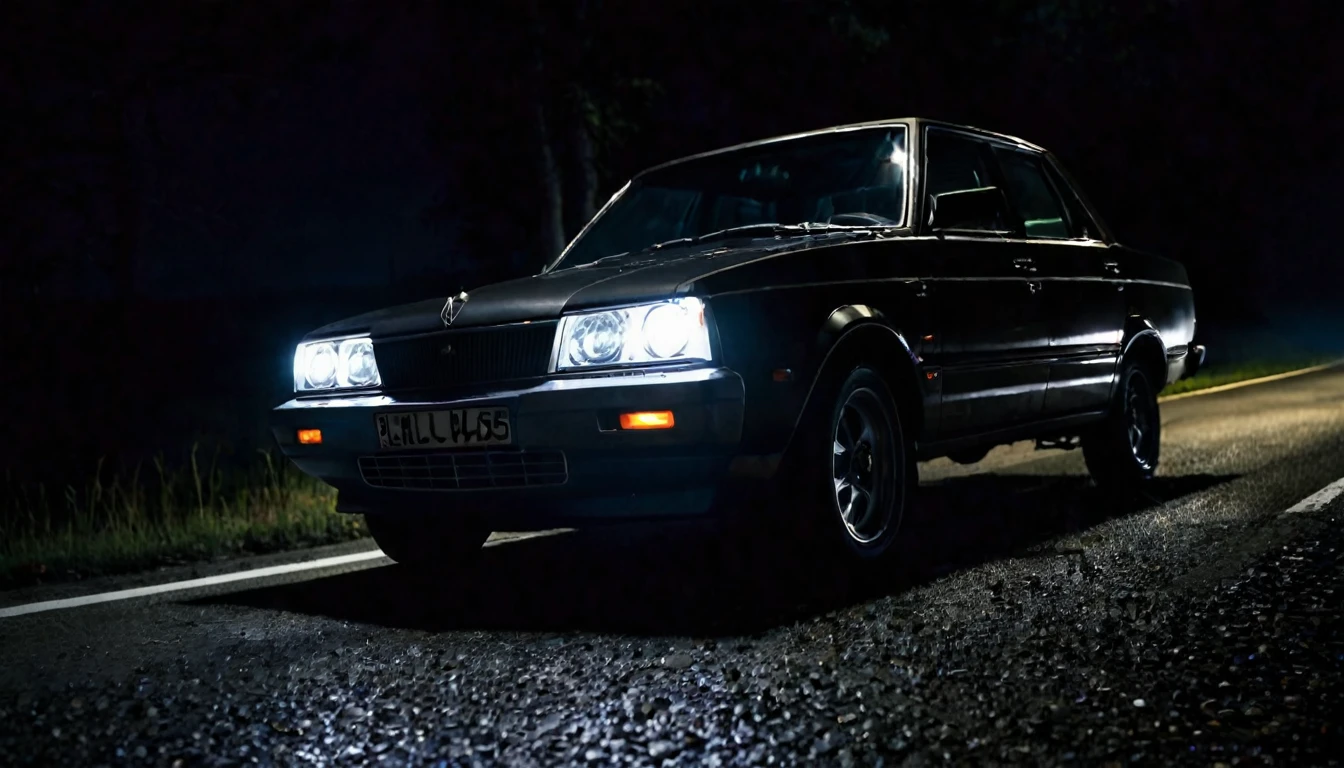 car on the road, view from the front, headlights on, dark night, sinister