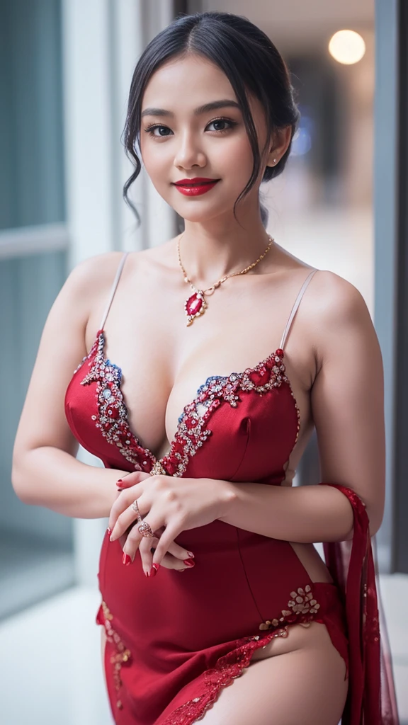 Beautiful, cute baby Face, russian lolita Girl, lipstick, sensual Lipstick, dark red lipstick,blue eyes, (nude) and sexy kebaya dress, Rounded small Breast, cleavage cutout, slightly Chubby , luxury necklace, White Skin, Smiling, Dark City Background, mid shot, upper body, Perfect Potrait, Bokeh Effect, Look at Viewer, Armpit, Perfect Eye, Perfect Hand, Perfect Finger, Bracelet, Ring, small breast, ((adorable:1.2)), ((masterpiece:1.1)), ((bokeh:1.2)),